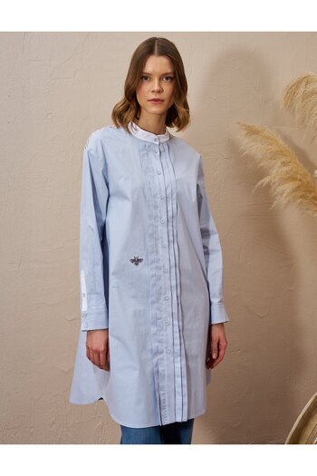 Kayra Blue Ribbed Stitched Poplin Tunic