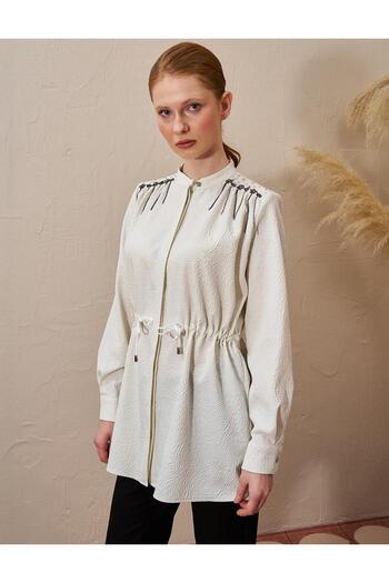 Kayra Waist Shirred Seersucker Ecru Tunic