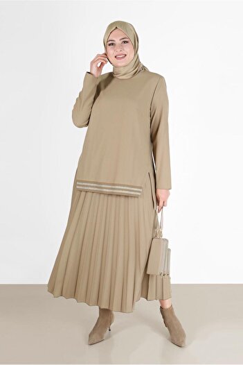 Alvina 20194 Model Pleated and Ribbed Double Skirt Set