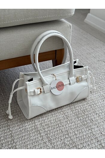 BAGLOVİS White Women's Shoulder Bag with Buckle on Front and Drawstring Sides
