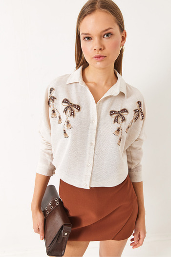 Bianco Lucci Women's Stone Embroidered Bow Detailed Linen Aerobin Oversize Shirt 60283023