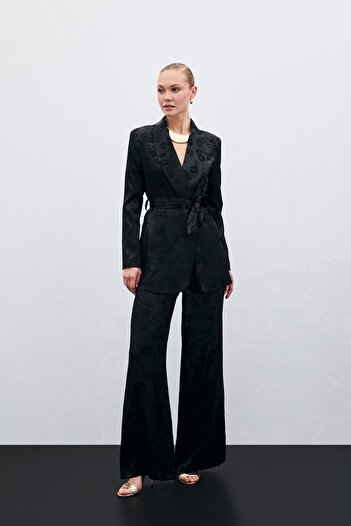 Sateen Wide Leg Patterned Trousers - Black