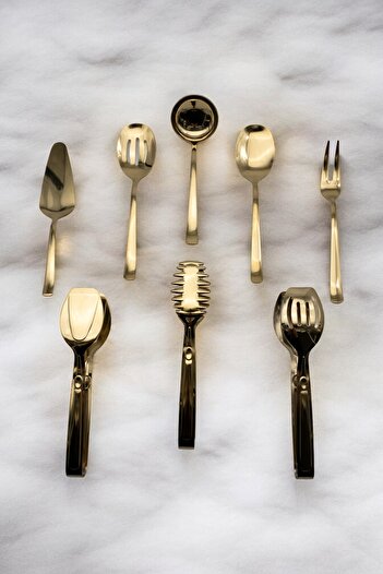 Fiyakalı Ürünler Atölyesi Gold 8 Piece Serving Set - Colander, Ladle, Shovel, Fork, Spoon and Tongs 18/10 Stainless Steel