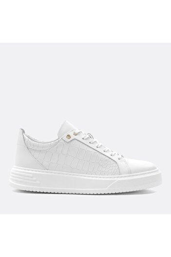 Celal Gültekin Ανδρικό δερμάτινο sneaker με κορδόνια σε λευκό κροκόδειλο με χοντρή σόλα