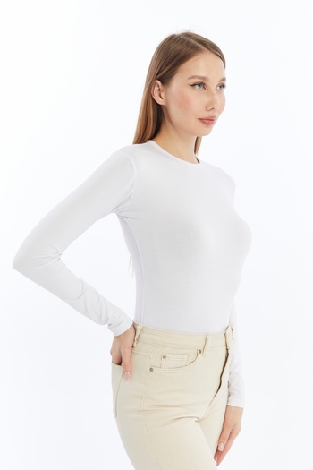 LAENT Women's White Round Neck Long Sleeve Blouse