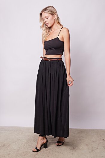 Jument Women's Silky Textured Modal Fabric Ankle Length Long Skirt with Pockets - Black