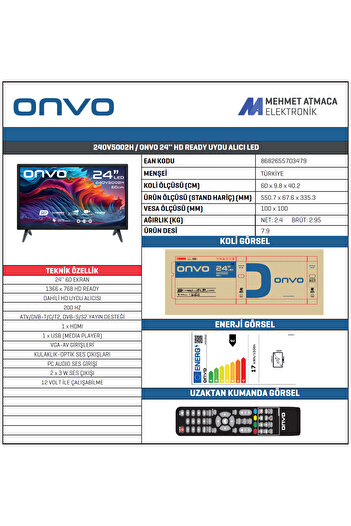 ONVO 24OV5002H 24'' 60 Ekran Uydu Alıcılı HD Ready LED TV ( 12 Volt )