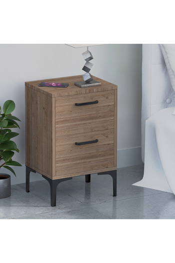 Mahmayi Modern Side Table with 2 Soft-Close Drawers - Truffle Davos Oak, Easy Assembly, Lightweight