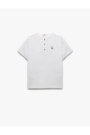 Koton Crew Neck Button Short Sleeve Cotton T-Shirt