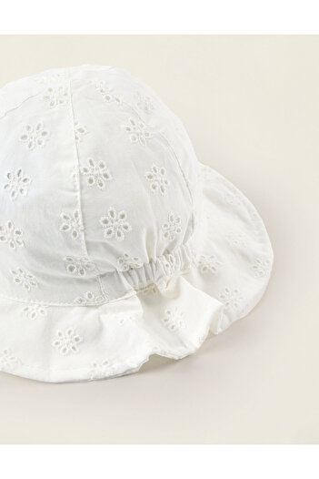 Ziddy Hat with Broderie Anglaise for Newborn Girls and Babies, White