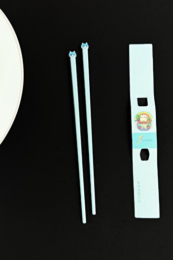 Patladı Gitti Metal Chopsticks with Cat Figure Blue