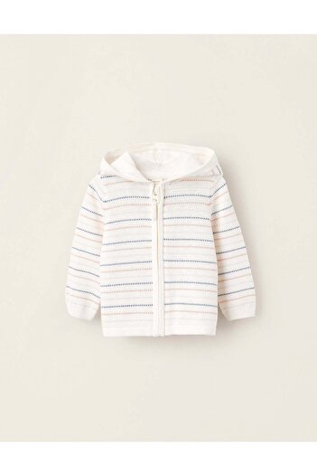 Ziddy Hooded Cardigan for Newborns, White/Blue/Orange