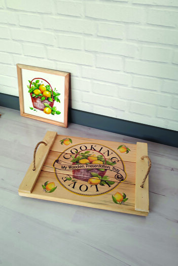 Wooden Factory I Love Cooking Kitchen - Lemon Printed Rustic Wicker String Presentation Tray
