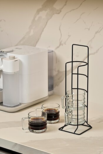 Edora Home Matte Black Countertop Set of 4 Glass Mugs and Stand / Coffee / Tea / Presentation Bowl / Organizer