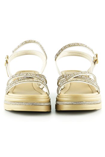 Erkan Saçmacı Beige Satin Gold Crystal Stone Platform Sandals