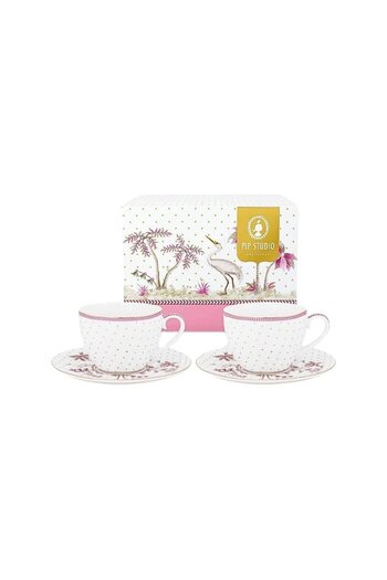 Pip Studio Set 2 căni cu farfurioare, din porțelan, Pip Studio, Dots Gold Pink, 280 ml, colecția Jolie