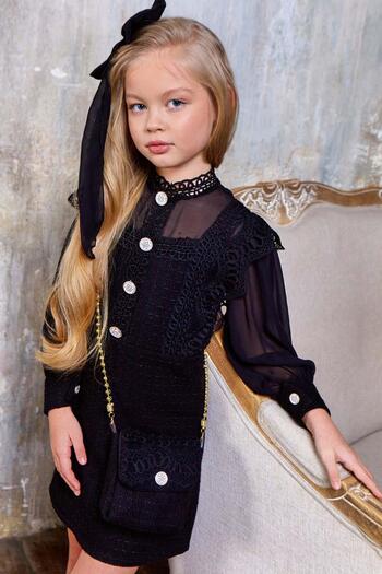 Riccotarz Girl's Shoulder and Chest Guipure Embroidered Stone Button Detail Chanel Black Dress