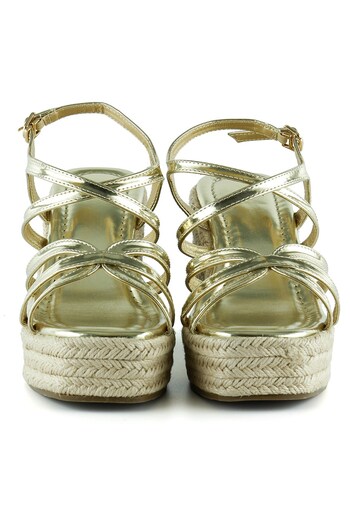 Erkan Saçmacı Gold Patent Leather Cross Banded Stone Zigzag Weave Jute Platform Heeled Sandals