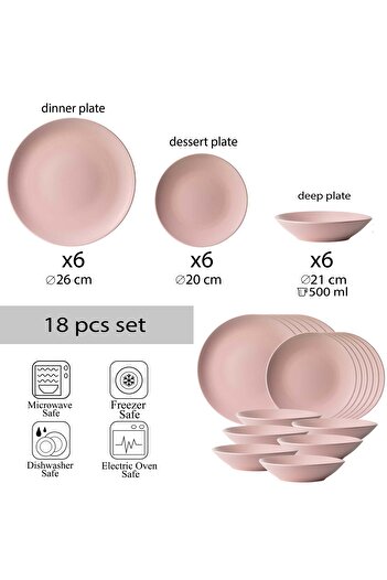 Cesiro Set farfurii 18 piese, pentru 6 persoane, Matte Pink,  Cesiro, Roz Mat