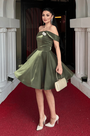 giyimmasalı Satin Fabric Strapless Neck Mini Dress - Khaki Green