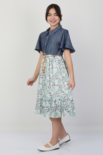 e-çocuk Flower Printed Girl's Denim Dress 26105