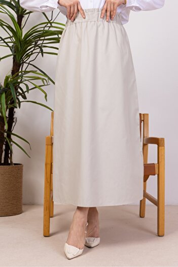 Bestenur Κρεμ χρώματος Benja Beli Elastic Gabardine Φούστα 1405