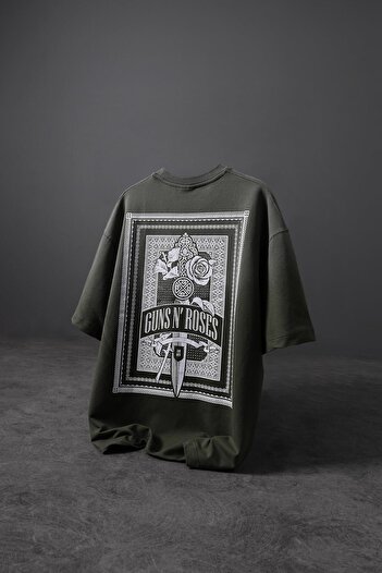 Slatra Ανδρικό μπλουζάκι με στάμπα χακί Gun Roses Oversize