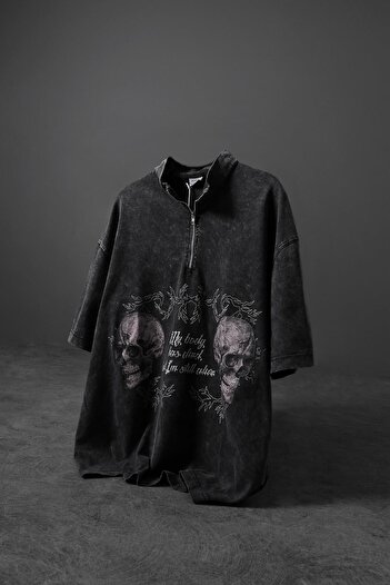 Slatra Men's Anthracite Still Alive Special Washed Fabric Oversize Tshirt