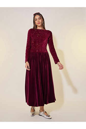 Take Two By Styli Embellished Balloon Hem Long Sleeve Midi Dress