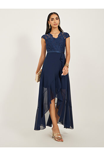 Take Two By Styli Lace Ruffled Asymmetric Hem A-Line Midi Dress