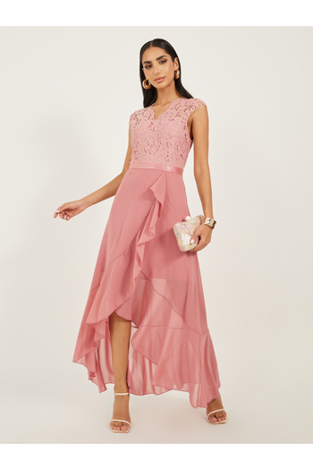 Take Two By Styli Lace Ruffled Asymmetric Hem A-Line Midi Dress