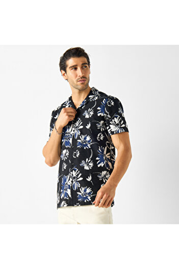 FAV All-Over Floral Print Shirt with Camp Collar and Short Sleeves
