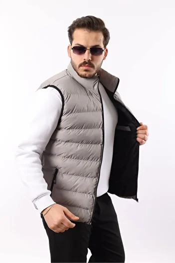 TREND YAŞAR Men's Sleeveless Zippered Pocket Basic Smoked Puffer Vest