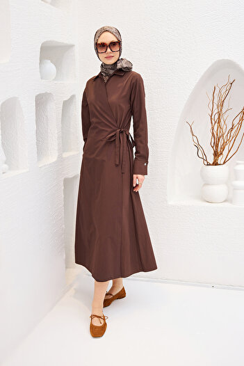 LOCCO Women's Brown Poplin Side Tie Dress