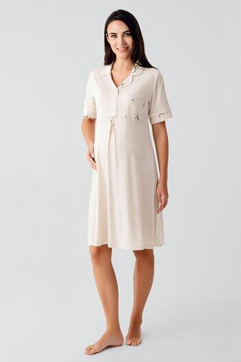 Artış Short Sleeve Bow Decorated Button Short Stretchy Viscose Maternity Nightgown