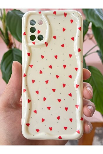 Fibaks Samsung Galaxy A31 Case with Camera Protection Wave Edge Red Heart Pattern Silicone Cover