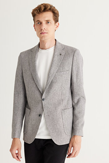 AC&Co / Altınyıldız Classics Slim Fit Dar Kesim Mono Yaka Desenli Gri Ceket