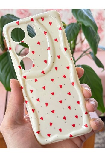 Fibaks Vivo V29 Kılıf Kamera Korumalı Dalga Kenarlı Kırmızı Kalp Desenli Silikon Kapak