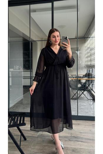 KASİDE Double Breasted Collar Belted Midi Length Chiffon Black Dress