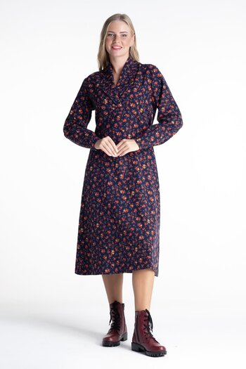 Eliş Şile Bezi Long Sleeve Gülendam Flannel Midi Length Shirt Collar Flower Pattern Autumn and Winter Dress Navy Blue Lcvt