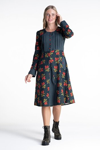 Eliş Şile Bezi Rochie de toamnă și iarnă cu mâneci lungi, flanel, camelie, cu nervuri, lungime midi, ulei Ptrl