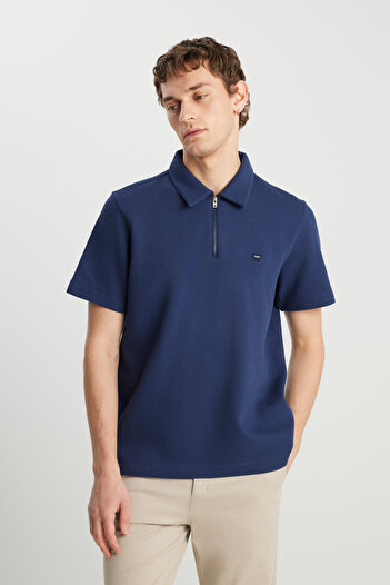 WRANGLER 100% Cotton Regular Fit Regular Cut Navy Blue Polo T-Shirt with Zipper Detail