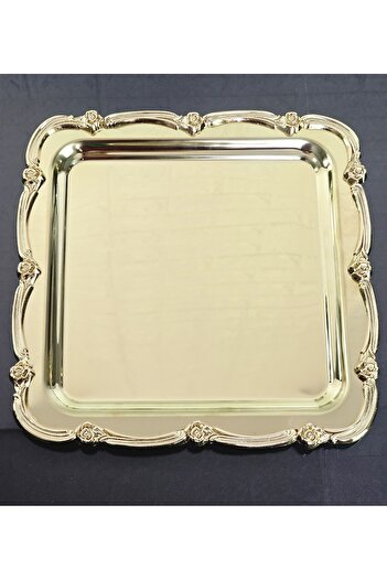atabey home collection 2 ADET Sunum Tepsisi & Kahve & Çay Tepsisi- Gold Tepsi Döküm Gold Gül Çerçeveli