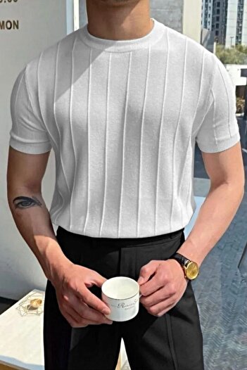 BİRBEYSTORE Ανδρικό πλεκτό T-Shirt με λαιμόκοψη