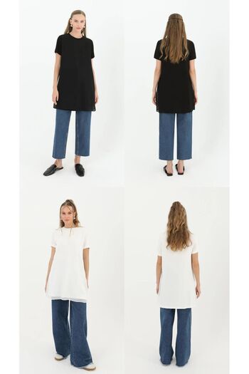 Nisa Luxury Boutique 10271 Puane Black and White Double Set Half Sleeve Chiffon Detail Underwear Tunic