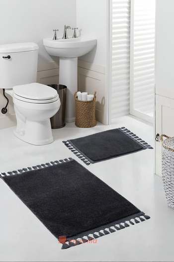 Myevilla Simirna Pompom Fringed Plush Washable Non-Slip Bath Mat 2-Piece Toilet Set Anthracite