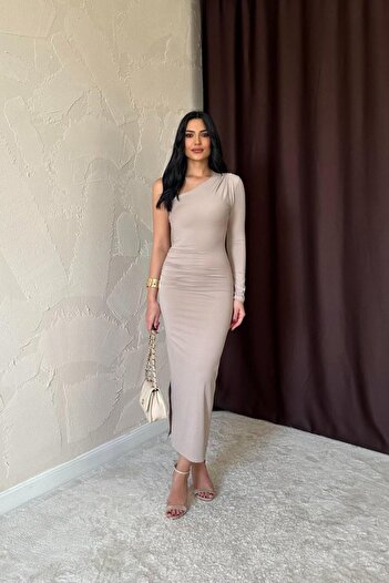 buğrahayalin Beige Shirring Detailed One Shoulder Dress