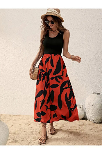 buğrahayalin Women's Strappy Round Neck Top Viscose Bottom Patterned Long Single Jersey Dress