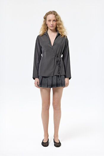Quzu Anthracite Pocket Detailed Tie up Blouse