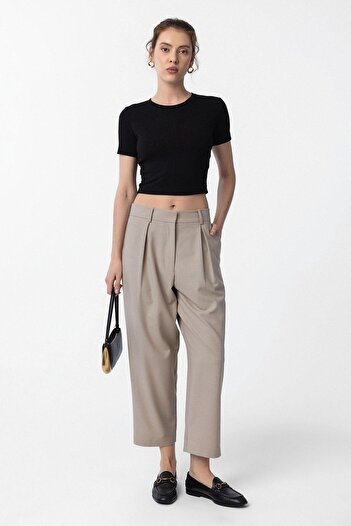 Antioch Beige Pleated Soft Ankle Length Women's Trousers